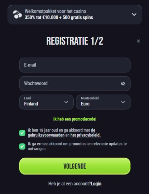 Slimking Casino registratieformulier met e-mailadres, wachtwoord, land, valuta en welkomstbonus