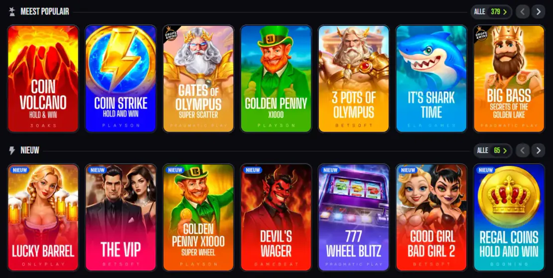 Slimking Casino spelaanbod met populaire slots, nieuwe releases en spellen zoals Coin Volcano, Coin Strike en Gates of Olympus